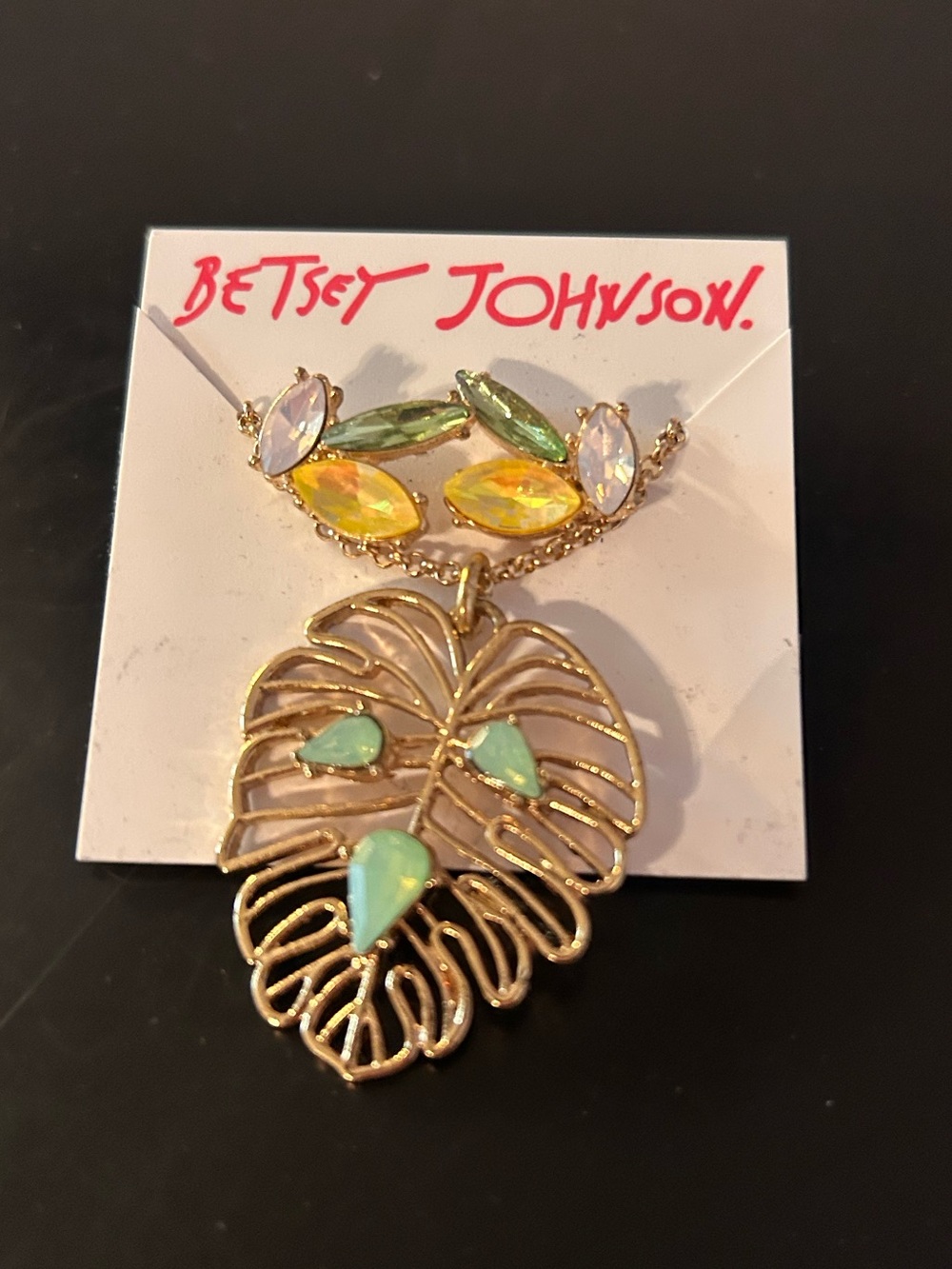 Betsey Johnson Gold Tropical Monstera Leaf Necklace with Mint and Yellow Stones